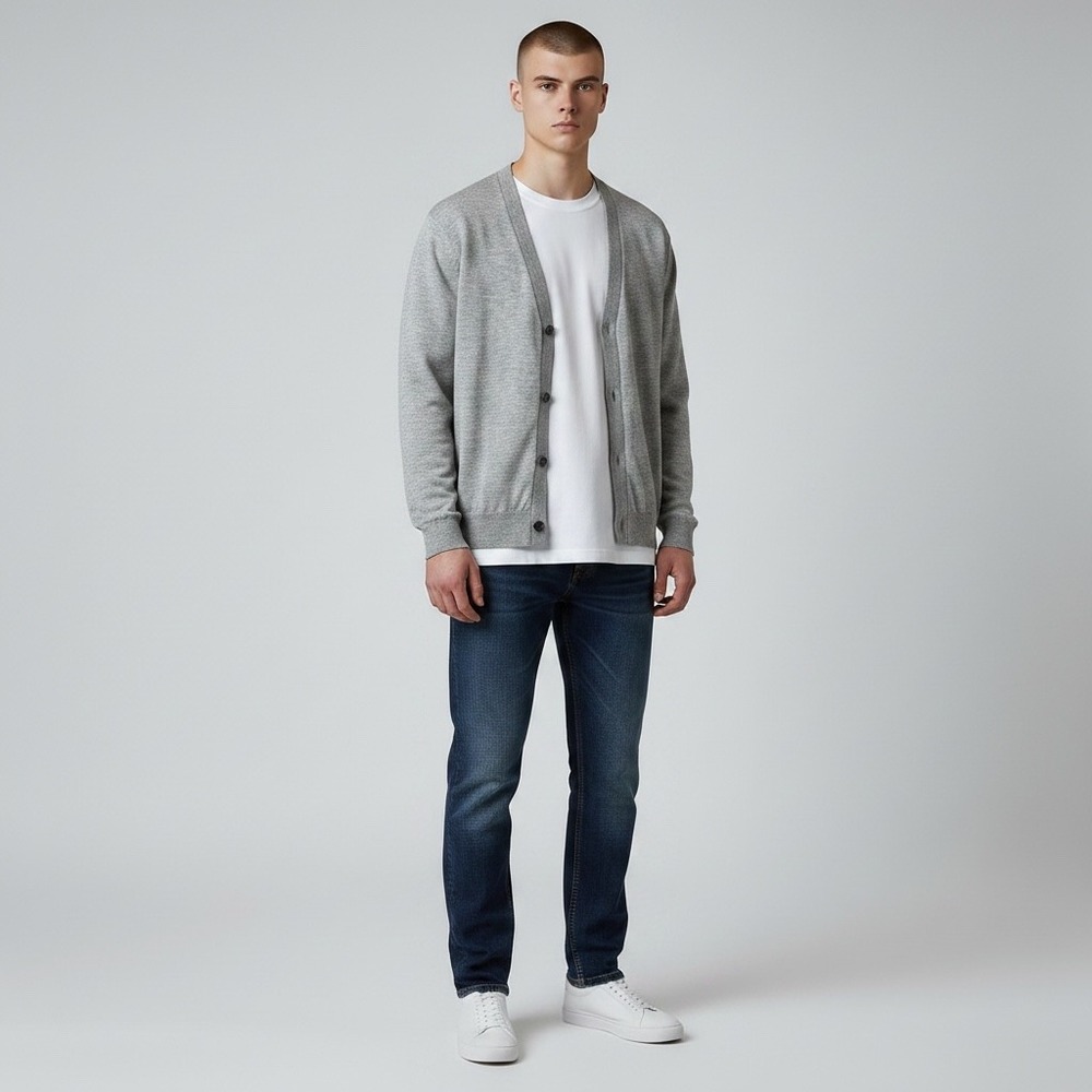 Express Mens Minimalist Merino Wool V-Neck Button Cardigan Sweater Gray XL Basic